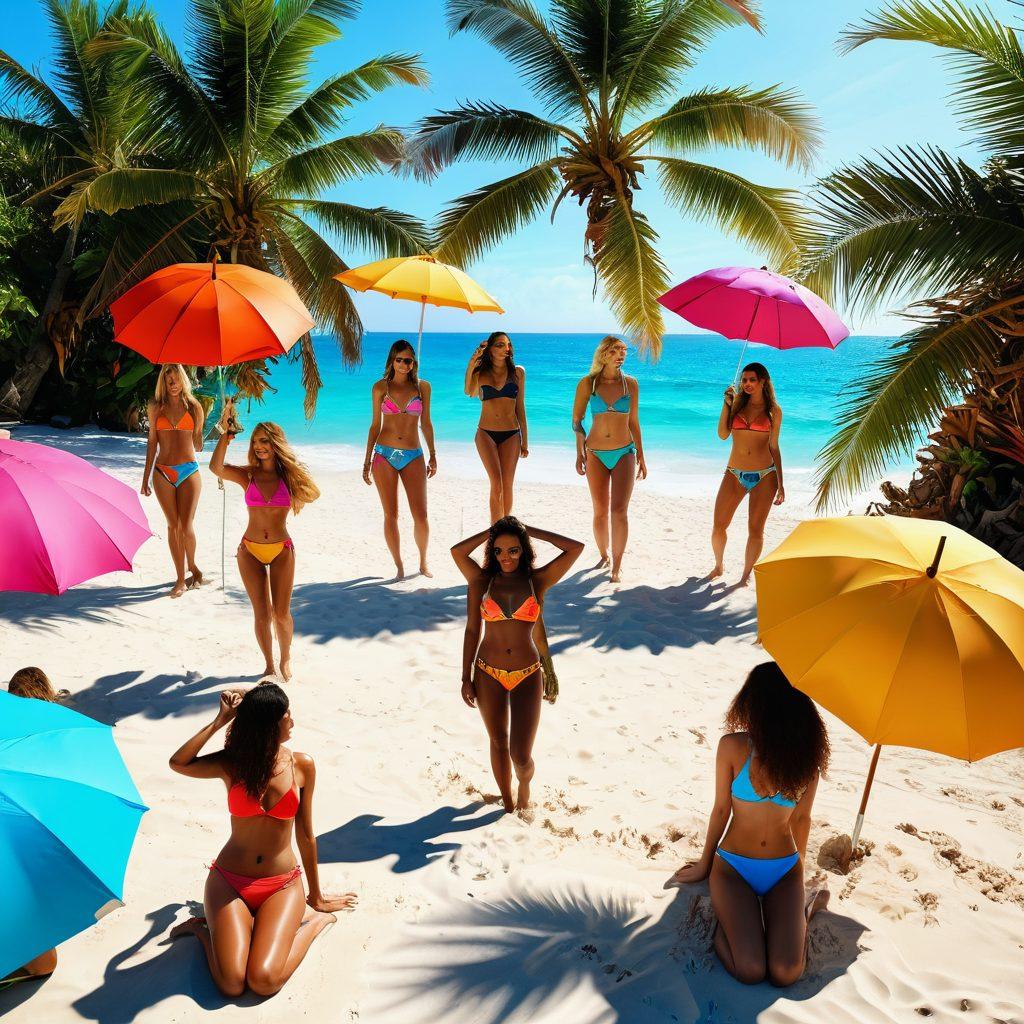 A mesmerizing scene featuring a sunlit beach with models wearing vibrant, stylish bikinis, showcasing various sensual swimwear designs. Surround them with tropical elements like palm trees and colorful beach umbrellas, while some are engaged in live streaming on their phones, capturing their beautiful moments. The atmosphere should feel lively and playful, inviting readers into the world of fashion and adult performances. super-realistic. vibrant colors. summer theme.